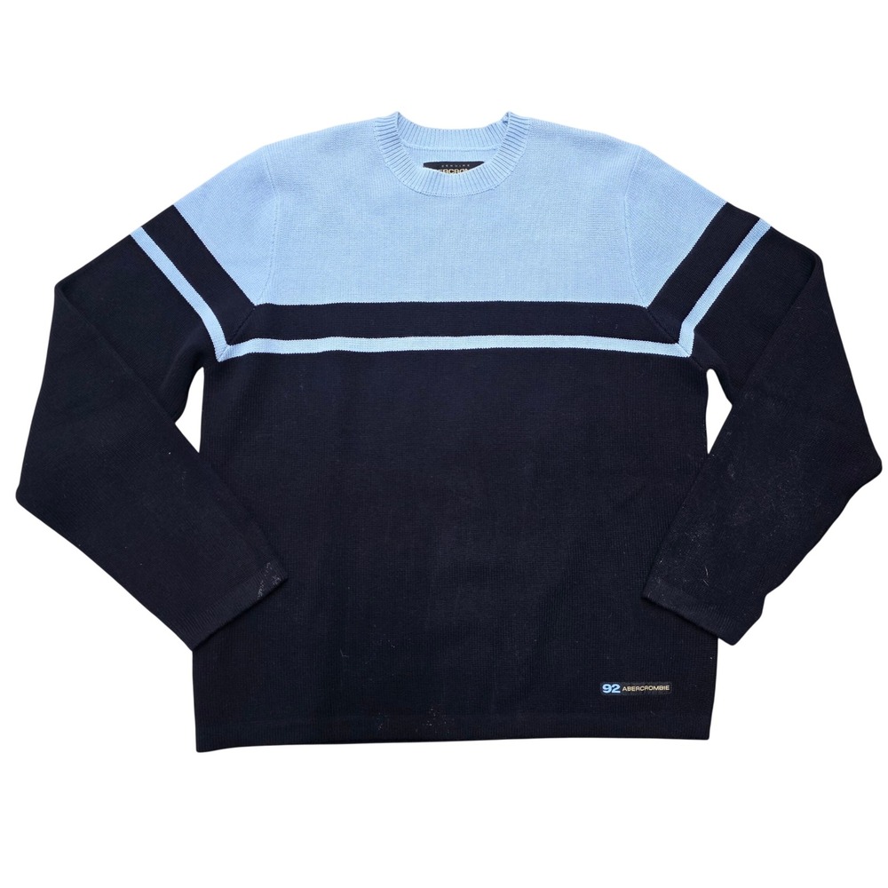 Vtg 90s Abercrombie Fitch Mens Sweater Large Blue Black Striped Crew Long Sleeve